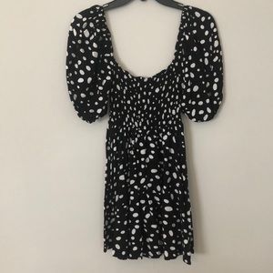 Off the shoulder polka dot ruched dress